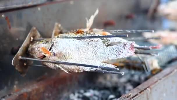 ストリートタイ料理 塩焼き魚 — ストック動画