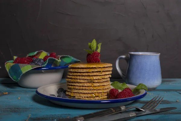 Breakfast Table Dutch Waffle Dish Raspberries Blueberries Honey Cutlery Blue — Stock Photo, Image