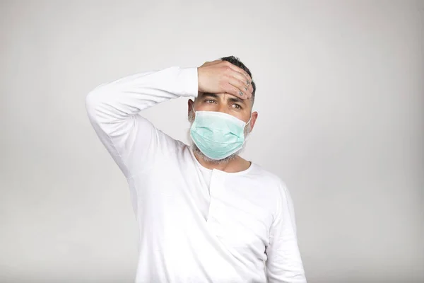 Sick man with medical mask presenting headache and fever, symptoms of coronavirus on white background.