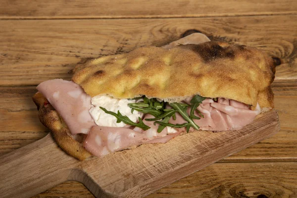 Rectangular Homemade Pizza Slice Wrapped Mortadella Wooden Table Italian Food — Stock Photo, Image