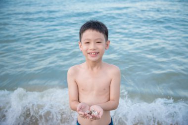 kabuk sahilde tutan çocuk