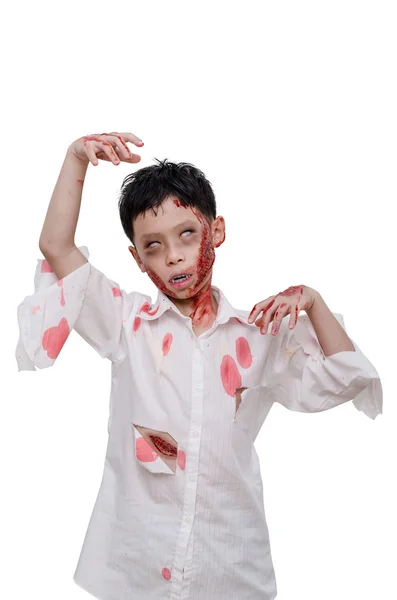 Niño en zombie maquillaje y traje sobre blanco — Foto de Stock
