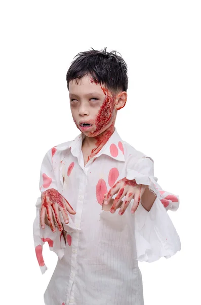 Junge in Zombie-Make-up und Kostüm über Weiß — Stockfoto