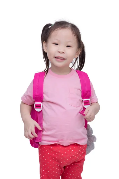 Malá holčička s batohem přes bílý — Stock fotografie