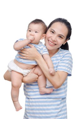 Güzel anne çocuğunu üzerinde beyaz ile