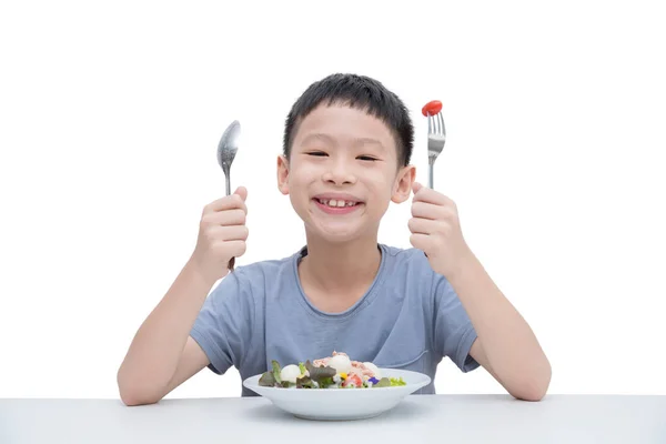 Young Asian Boy Eating Vegetables Salad — Stock Photo, Image