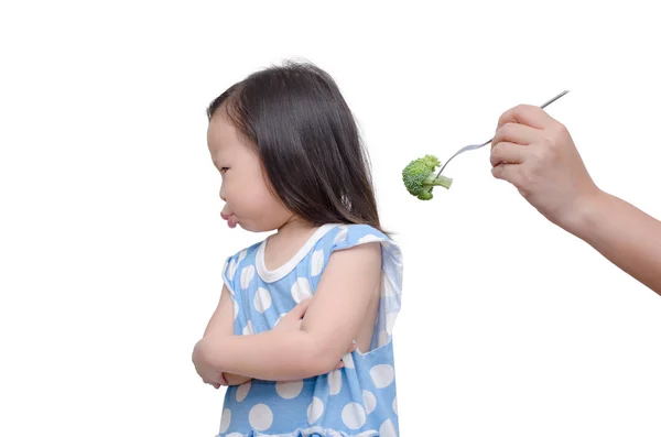 Little Asian Girl Don Want Eat Vegetables — Stock Photo, Image