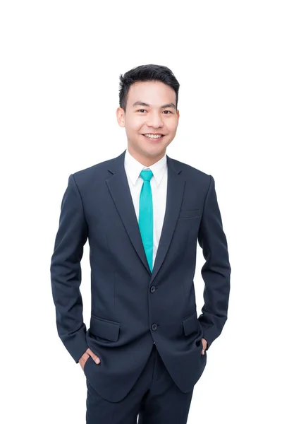 Joven Asiático Hombre Negocios Sonríe Sobre Blanco Fondo —  Fotos de Stock