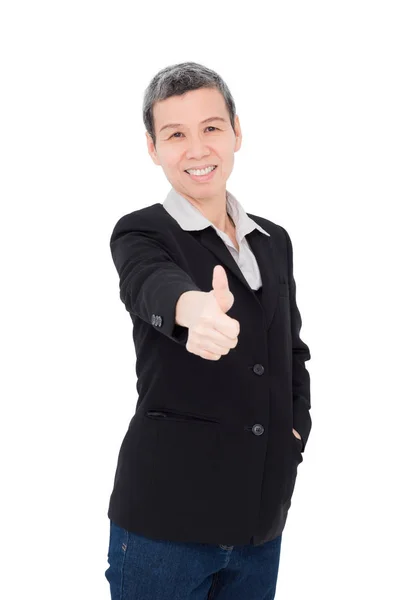 Mujer de negocios mostrando el pulgar hacia arriba sobre blanco — Foto de Stock