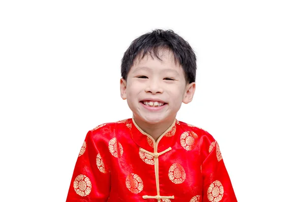 Menino chinês em traje tradicional sorrindo — Fotografia de Stock