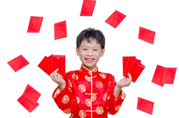 Kırmızı paket para ile genç çocuk