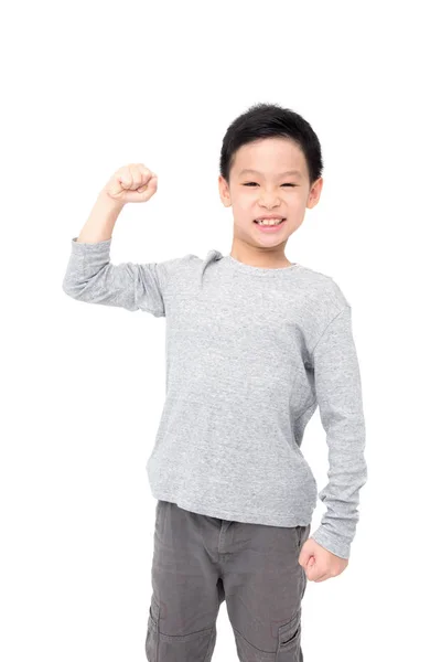 Giovane ragazzo mostrando il suo potere su bianco — Foto Stock