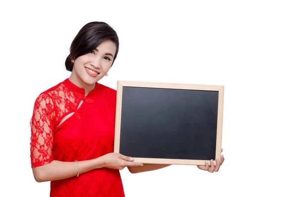 亚洲女孩穿着红色与白色的黑板 — 图库照片