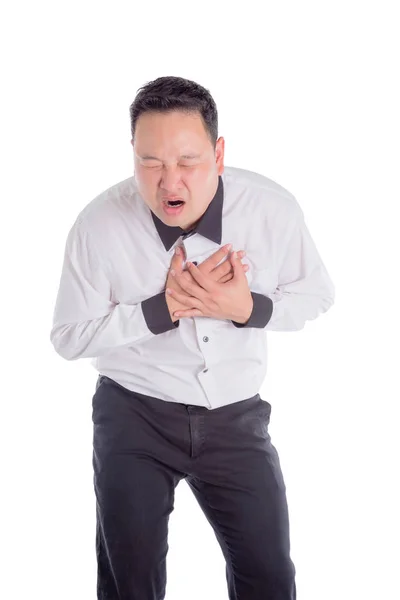 Hombre tiene dolor en el pecho sobre fondo blanco — Foto de Stock