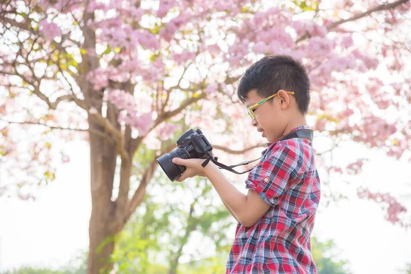 เด็กชายกําลังดูรูปในกล้องที่สวนสาธารณะ — ภาพถ่ายสต็อก