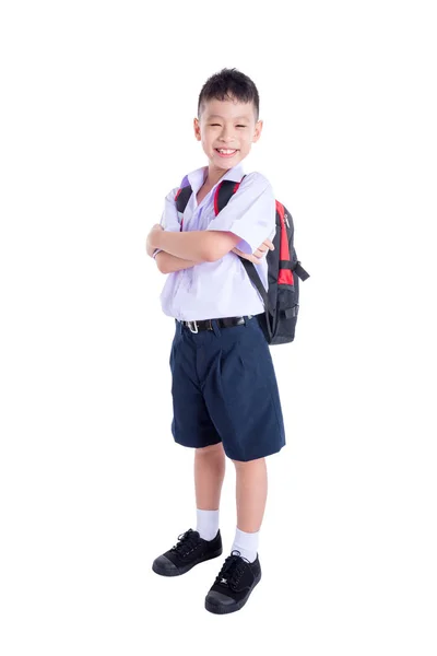 Schuljunge lächelt über weißem Hintergrund — Stockfoto