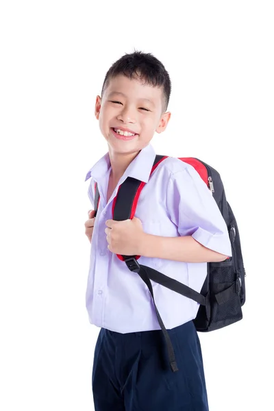 Écolier souriant sur fond blanc — Photo