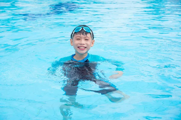 Young boy smiling while floating in swimming pool