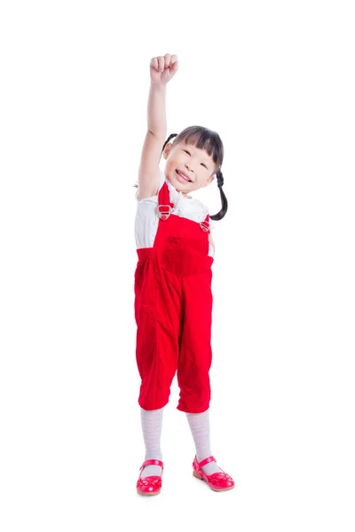 Menina de pé e sorrindo sobre fundo branco — Fotografia de Stock