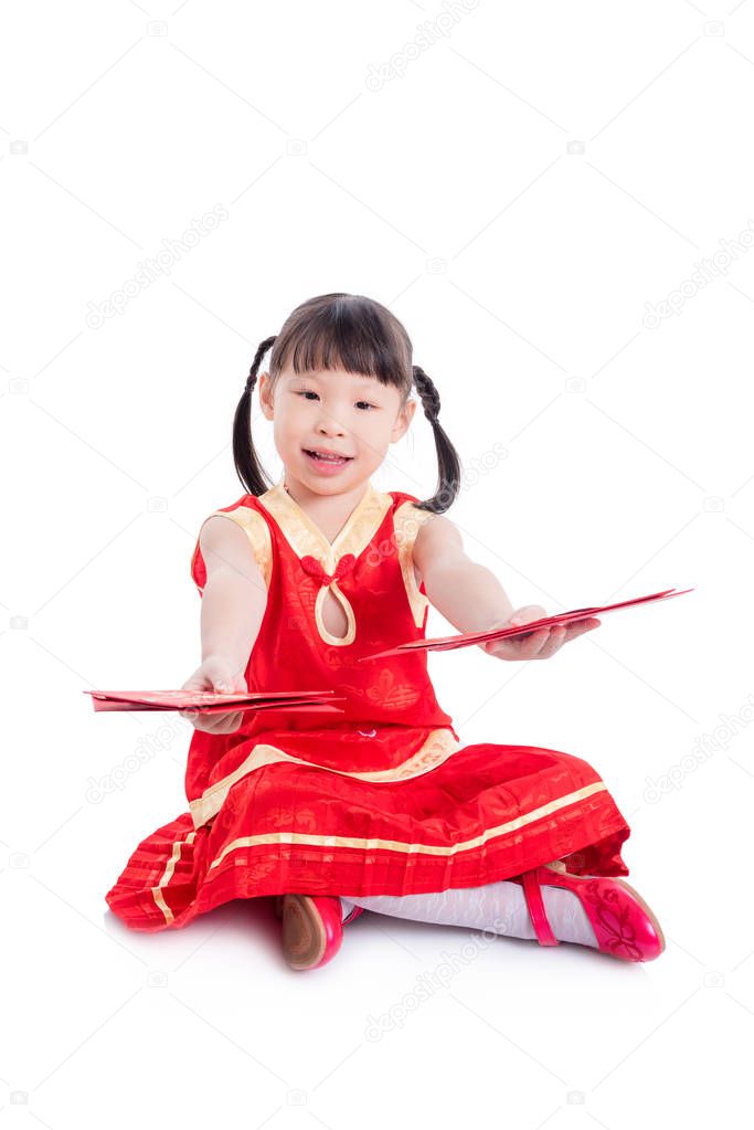 girl in red color traditional dress holding red packet money