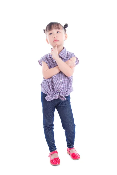 Girl thinking while standing over white background — Stock Photo, Image