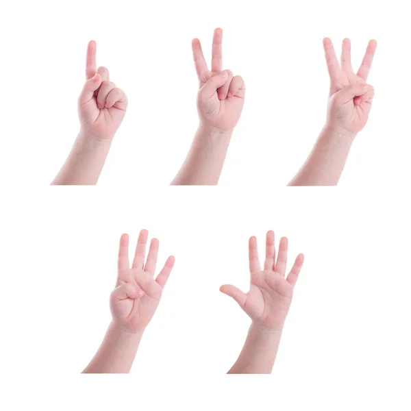 Child hand counting number one to five over white — Stock Photo, Image