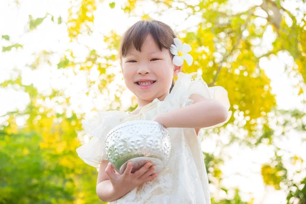 Little Asian Girl Wearing Thai Traditional Dress Holding Water Bowl — Stock Photo, Image