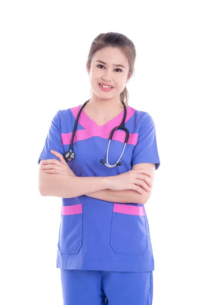 Schöne Asiatische Krankenschwester Lächelt Die Kamera Über Weißen Hintergrund — Stockfoto