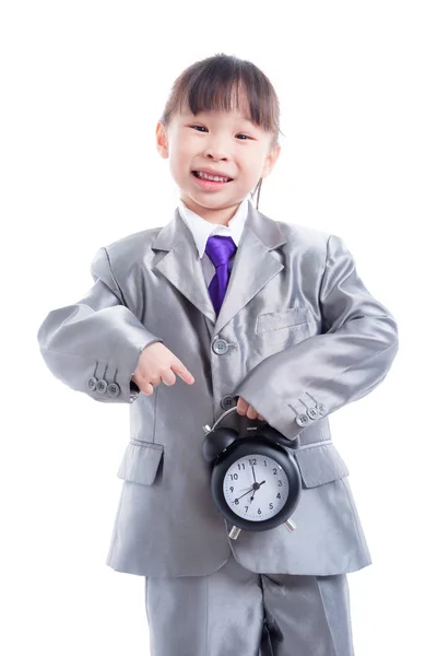 Little Asian Girl Wearing Suit Pointing Finger Clock White — Stock Photo, Image