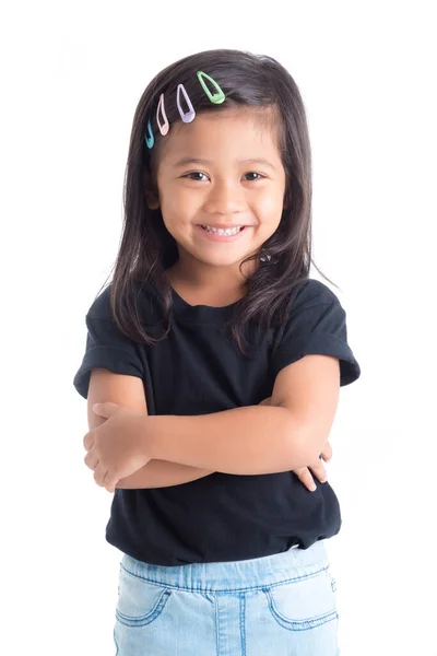 Klein meisje glimlachen geïsoleerd over witte achtergrond — Stockfoto