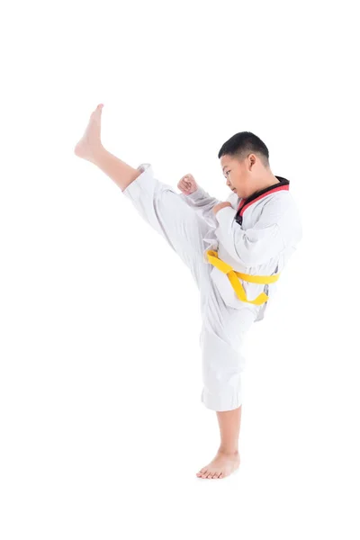 Young asian boy having taekwondo training ,one boy kicking — Stock Photo, Image