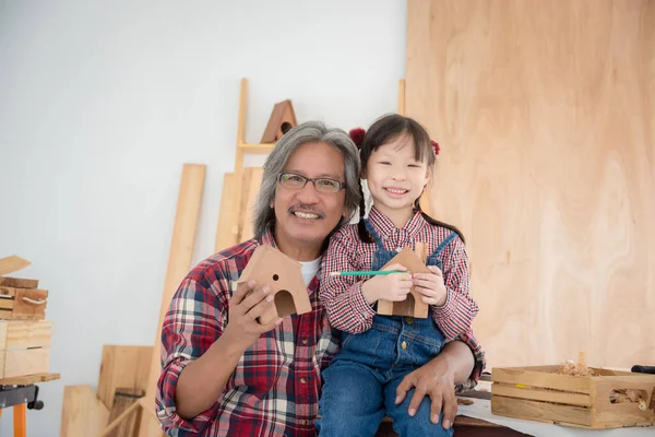 Carpintería Masculina Superior Nieto Asiático Haciendo Casa Aves Madera Casa — Foto de Stock