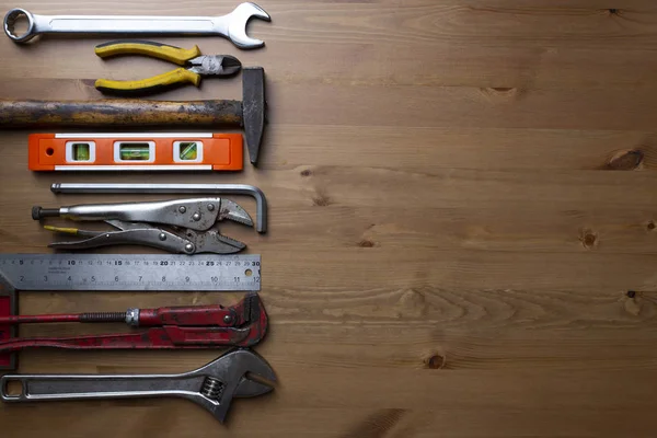 Old tools equipment on wood table background, engineering concep Royalty Free Stock Photos