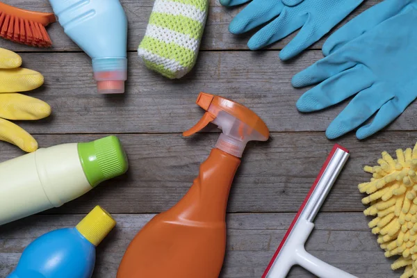 House cleaning product on wood table — Stock Photo, Image