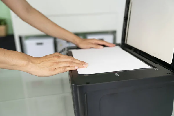 Woman Hand Putting Sheet Paper Copying Device Photocopy Xerox — Stock Photo, Image