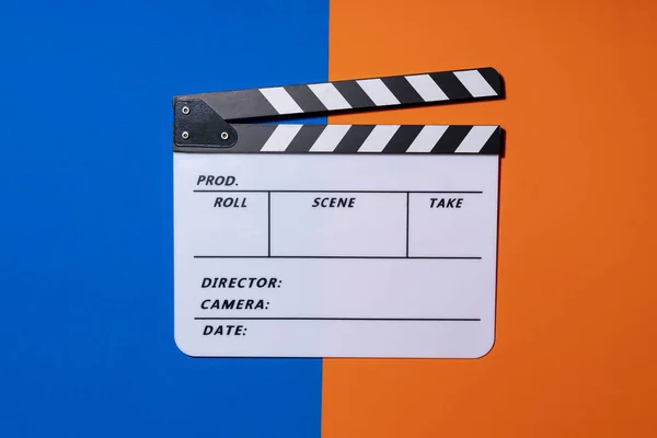 Película Clapper Sobre Fondo Tabla Color Azul Naranja Película Cine — Foto de Stock