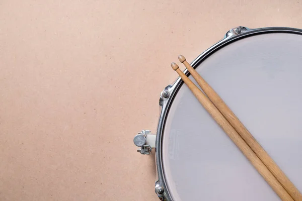 Drumstick Trommel Tafel Achtergrond Bovenaanzicht Muziekconcept — Stockfoto