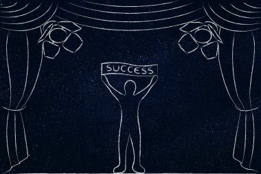 Başarı afiş tutan spot ışıkları altında sahnede adam