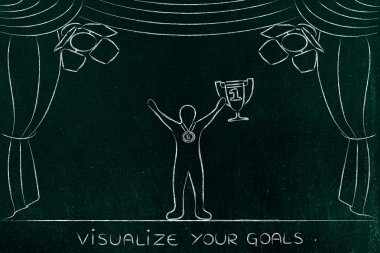 bir birincilik ödülü fincan tutan spot ışıkları altında sahnede adam