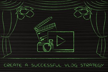 sahne ışıkları altında sahnede vlog veya video simgeleri