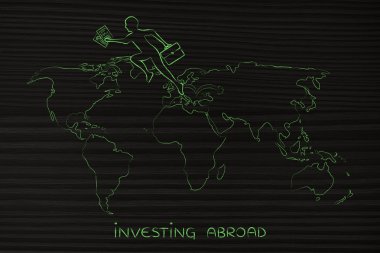 iş adamı jumpying dünya haritası üzerinde kıtada