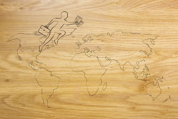 Business man jumpying across continents on map of the world — Stock Photo, Image