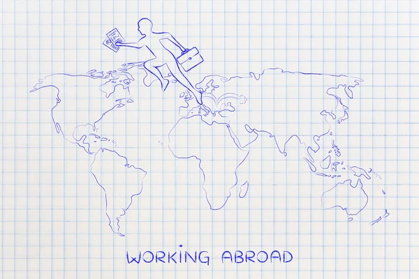 Бізнесмен стрибає через континенти на карті світу — стокове фото
