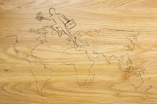 Business man jumpying across continents on map of the world — Stock Photo, Image