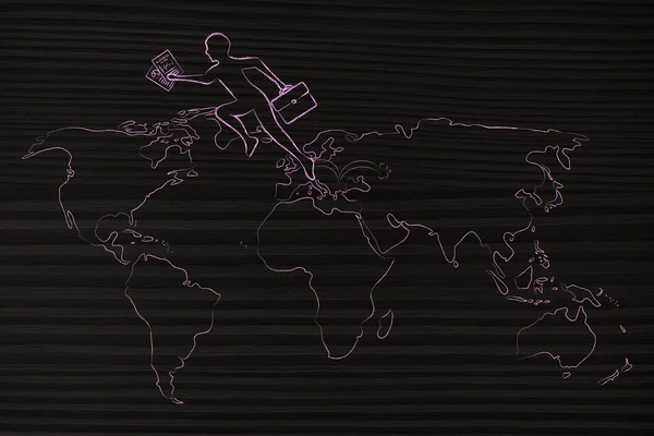 Hombre de negocios saltando a través de los continentes en el mapa del mundo —  Fotos de Stock