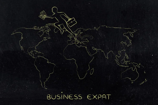 Hombre de negocios saltando a través de los continentes en el mapa del mundo —  Fotos de Stock