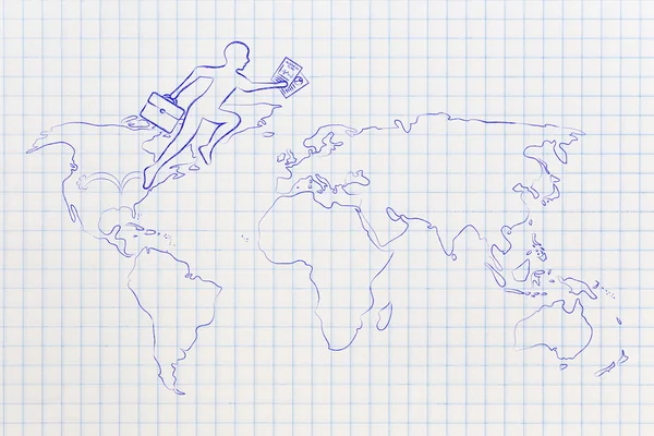 Homem de negócios saltando através dos continentes no mapa do mundo — Fotografia de Stock