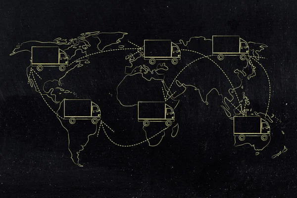 Los transportistas o camiones de reparto que se mueven por encima del mapa del mundo —  Fotos de Stock