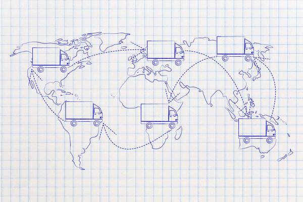 movers or delivery truck moving above map of the world