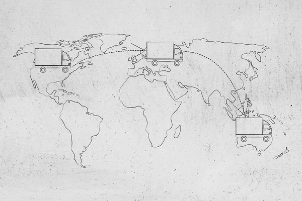 搬运工或送货卡车移动上面的世界地图 — 图库照片